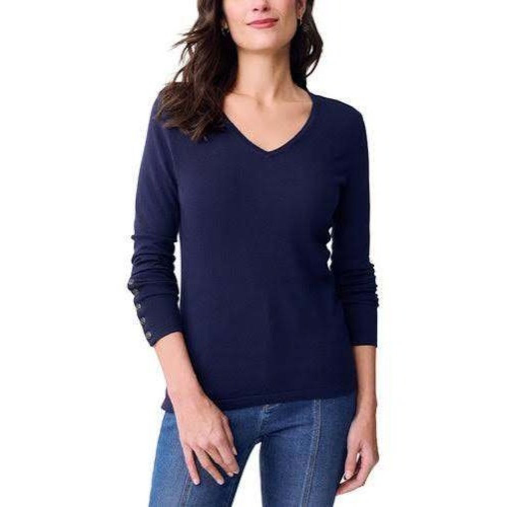 J.McLaughlin Navy Blue Marnie‎ Sweater V-Neck Long Sleeve Button Cuff Womens S